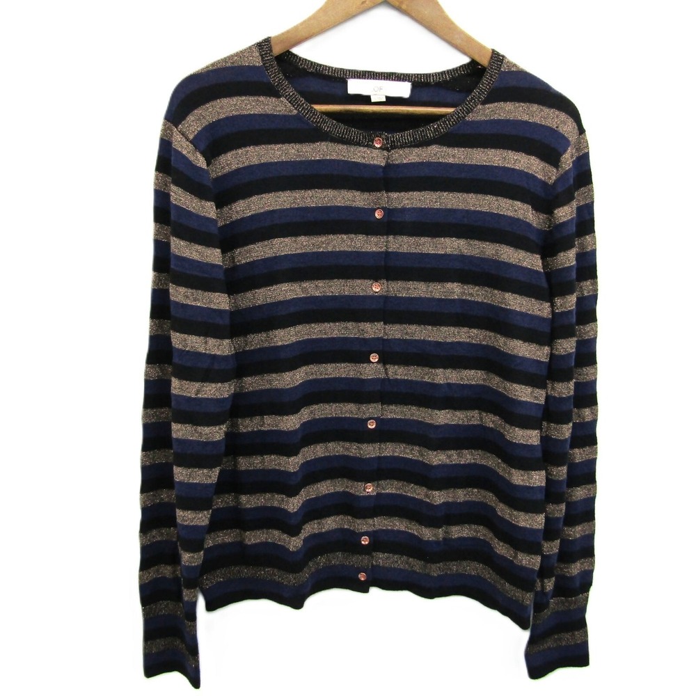 LOFT‎ Womens XL Blue Metallic Stripe Cardigan Sweater Button Front Long Sleeve